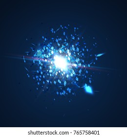 Abstract explosion with flying particles. Detonation of bomb vector illustration. Isolated light effects on dark background