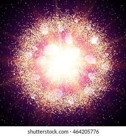 Abstract explosion with gold glittering elements. Burst of glowing star. Dust firework light effect with violet glow. Sparkles splash powder background. Vector illustration.