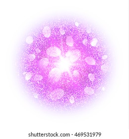 Abstract explosion with magenta dust elements isolated on white. Burst of glowing star. Bright dust firework light effect with pink glow. Sparkles splash powder background. Vector illustration.