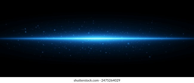 Abstract explosion on the horizon with flying glowing dust on black background. Big beam with sparks. Light effect. Vector illustration. EPS 10.