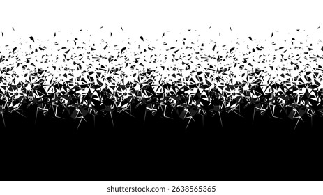 Abstract explosion particle wave pattern with scattered shattered shapes. Burst effect concept for digital design element. Vector graphics.