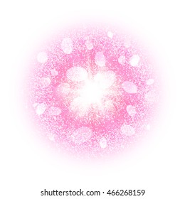 Abstract explosion with pink dust elements isolated on white. Burst of glowing star. Bright particles firework light effect with shiny glow. Sparkles splash powder background. Vector illustration.
