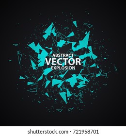 Abstract Explosion With Polygonal Particles Concept. Background Vector Illustration. Blue Cold Ice Blast. Mint Or Menthol Power