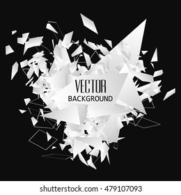 Abstract explosion with polygonal particles. Geometric background. Vector illustration