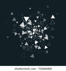 Abstract explosion from random placed monochrome triangles. Vector modern technology background