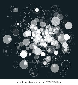 Abstract explosion from random placed monochrome circles. Vector modern technology background