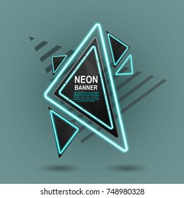 Abstract explosion Triangular neon banner. Black glossy banner with blue neon lights vector illustration
