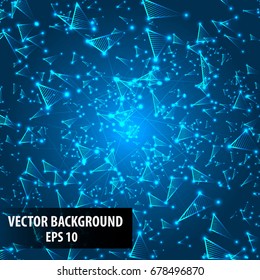 Abstract explosion of a triangular particle molecule, atom, chromosome. Triangular luminous elements background vector illustration
