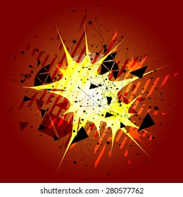 Abstract explosion yellow on a red background with black polygonal objects. Vector illustrations