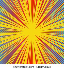 Abstract explosive bright yellow background with dynamic red rays and blue halftone in comic style. Vector illustration