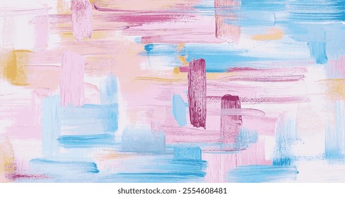 Abstract expression of pastel tones creates a serene and uplifting atmosphere with soft pink, blue, and gold brushstrokes forming a harmonious, colorful visual story