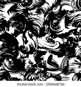 Abstract expressionism black and white calligraphic brush seamless pattern. Vector illustration