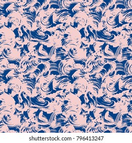 Abstract expressionism blue and pink calligraphic brush seamless pattern. Vector illustration