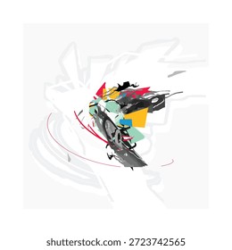 Design expressionista abstrato com um carro esportivo fragmentado em meio a espirais dinâmicas