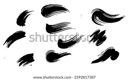 Abstract expressive black brushstrokes on white background creating dynamic, minimalist and artistic composition evoking fluidity, movement, and bold gestural impact