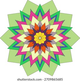 Abstract expressive geometric mandala artwork with bright colorful floral decoration
