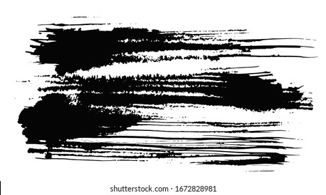 Abstract expressive horizontal textured black ink or watercolor lined stain with little dots and drops. Mysterious dynamic isolated inky brush stroke for texture design, background, banner decor