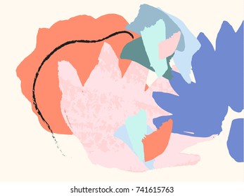 Abstract and expressive poster or card. Floral vector brushstrokes. Hand drawn textures. Covers, flyers, banners, presentations, books, notebooks. Fresh colors.