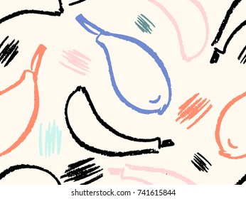 Abstract and expressive seamless pattern. Fruits vector brushstrokes. Hand drawn textures. Covers, flyers, banners, presentations, books, notebooks. Fresh colors.