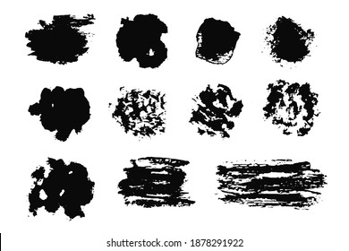 Resumen de tinta negra texturizada expresiva o trazos de color de agua redondos y cuadrados. Blancas inky dinámicas aisladas, concepto oscuro para el diseño de pincel texturado, decoración de fondo, sello, banner