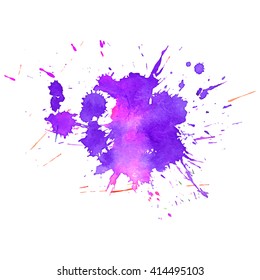 Abstract expressive watercolor stain with splashes and drops of pink violet color. Design background for banner and flyers
