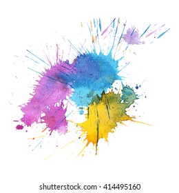 Abstract expressive watercolor stain with splashes and drops of  blue pink yellow. Design background for banner and flyers