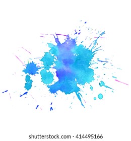 Abstract expressive watercolor stain with splashes and drops of sky blue  violet color. Design background for banner and flyers