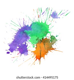 Abstract expressive watercolor stain with splashes and drops of   violet green orange color. Design background for banner and flyers