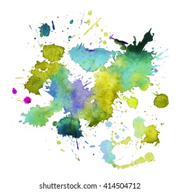 Abstract expressive watercolor stain with splashes and drops of  green yellow blue violet color. Design background for banner and flyers
