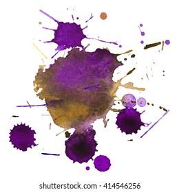 Abstract expressive watercolor stain with splashes and drops of  violet purple yellow color. Design background for banner and flyers