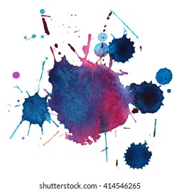 Abstract expressive watercolor stain with splashes and drops of red dark blue color. Design background for banner and flyers