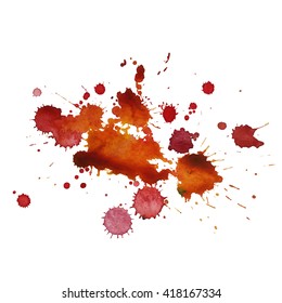 Abstract expressive watercolor stain with splashes and drops of  red orange color. Design background for banner and flyers