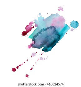 Abstract expressive watercolor stain with splashes and drops of light green color. Design background for banner and flyers
