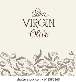 Abstract extra virgin olive vintage template with text and natural tree branches on light background vector illustration