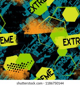 abstract extreme seamless grunge pattern with shabby lines, geometric elements,text Strong power, extreme, stars, chequered flag. Geometrical repeated backdrop for boy, sport textile, wrapping paper.