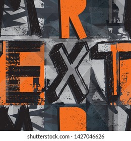 abstract extreme seamless grunge pattern with shabby lines, geometric elements,text Strong power, extreme, stars, chequered flag. Geometrical repeated backdrop for boy, sport textile, wrapping paper.
