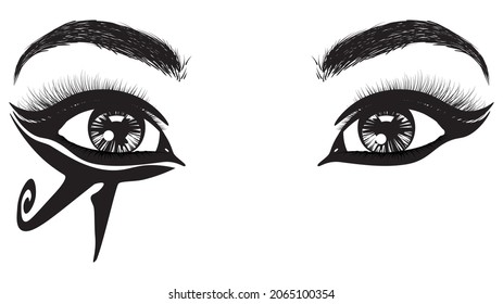 Abstract Eye With Ancient Egyptian Style Makeup, Black And White Illustration.