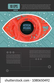 Abstract eye with artificial intelligence concept background template with orange and green color tone on dark gray space for text layout