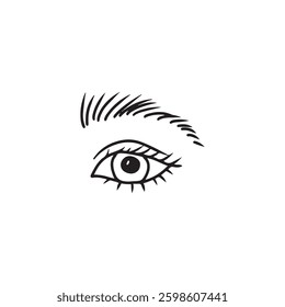 Abstract eye and brow in black isolated on white background. Hand drawn vector sketch illustration in doodle vintage engraved line art style. Makeup design, face part, beauty, cosmetology logo