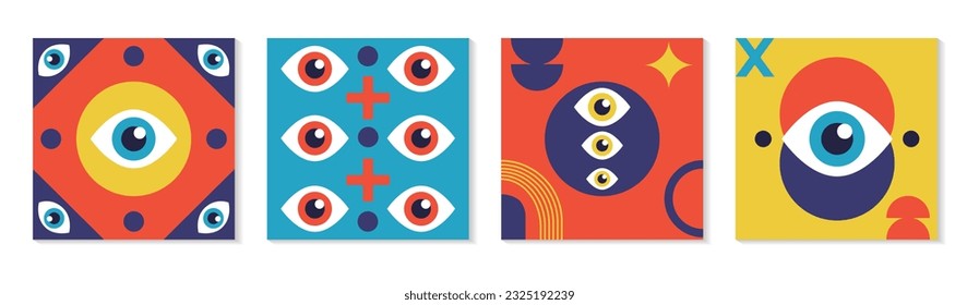 Abstract eye design. Bauhaus geometric posters, retro eyeball pattern, minimal modern flat art. Geometry figures and line grids. Modern cards or covers. Vector tidy shape background