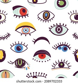 Abstract eye. Girly eyes background, hand drawn artwork with faces parts. Doodle symbols, optical icons. Stylish fashion vision decent vector seamless pattern