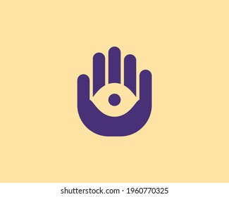 Abstraktes Auge in der Hand Palm Logo Design. Universelles minimalistisches mystisches, optisches, visuelles Vektorsymbol-Logo.