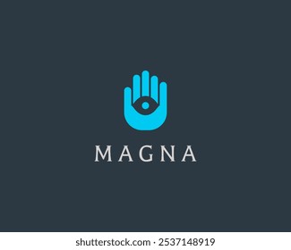 Olho abstrato em um design de logotipo de palma de mão. Logotipo do vetor da visão óptica mística minimalista.