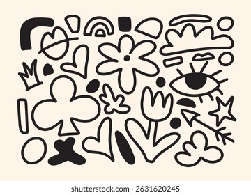 Abstract Eye, Hearts, Flowers, Tulips, Cloud, Arrow, Crown, Rainbow. Childlike Black Line Doodle Composition. Hand Drawn Minimal Seamless Pattern. Vector Illustration.