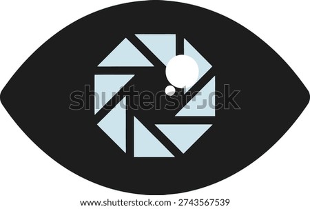 Abstract eye icon with camera aperture iris symbolizing vision, observation, and the creative process in photography or surveillance.