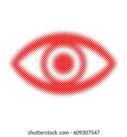 Abstract eye icon in halftone design. Vector illustration. Red dots human eye