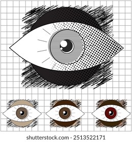 Abstract eye illustration with bold graphic style, halftone patterns, and various colors on a grid background, perfect for modern designs or symbolism-themed artwork