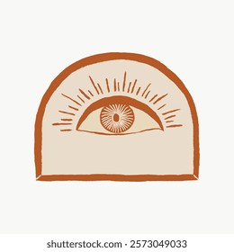 Abstract eye illustration with bold lines and earthy tones. Eye design features prominent lashes and a striking gaze. Artistic eye symbol in a minimalist style. Vintage illustration isolated, vector.