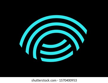 Abstract eye line logo. Wave symbol in cyan blue color isolated on white background. Wavy graphic digital icon. Vector illustration. Ethnic ancient style design element.