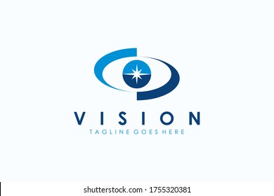 Abstract Eye Logo. Blue Circular Waves included Eyeball with Star Sparkle inside isolated on White Background. Usable for Business and Technology Logos. Flat Vector Logo Design Template Element.